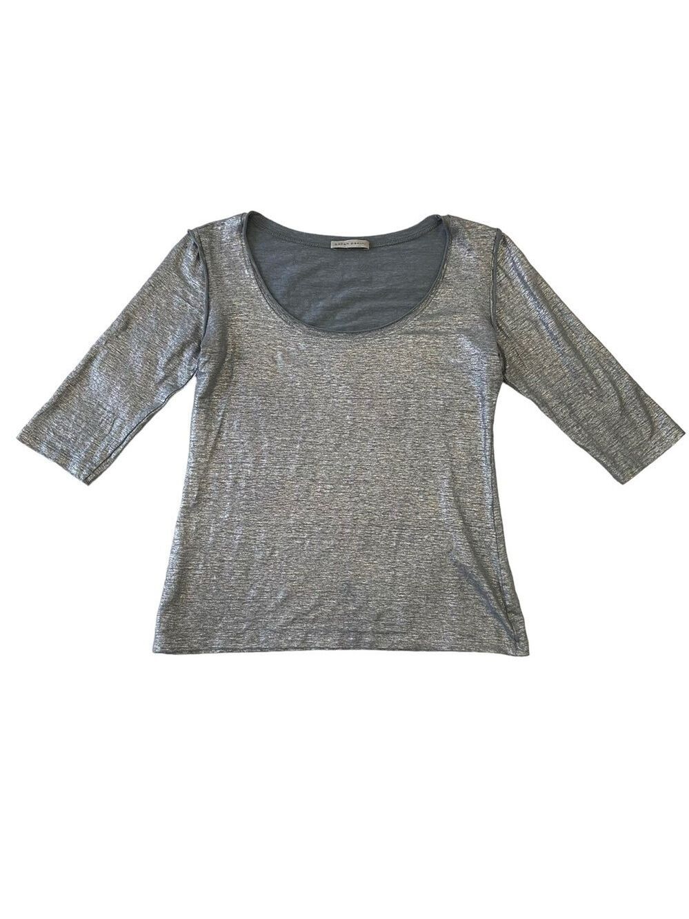 Sarah Pacini designer silver shirt round neck metallic lightweight jersey medium